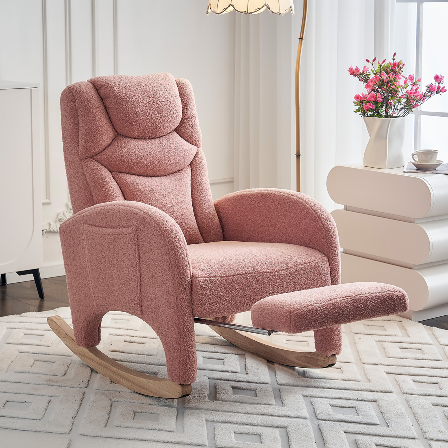 Sillón mecedor tejido teddy rosa con reposapiés plegable y reposacabezas