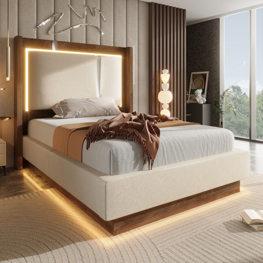 Cama tapizada 90x200 cm con LED y canapé hidráulico lino