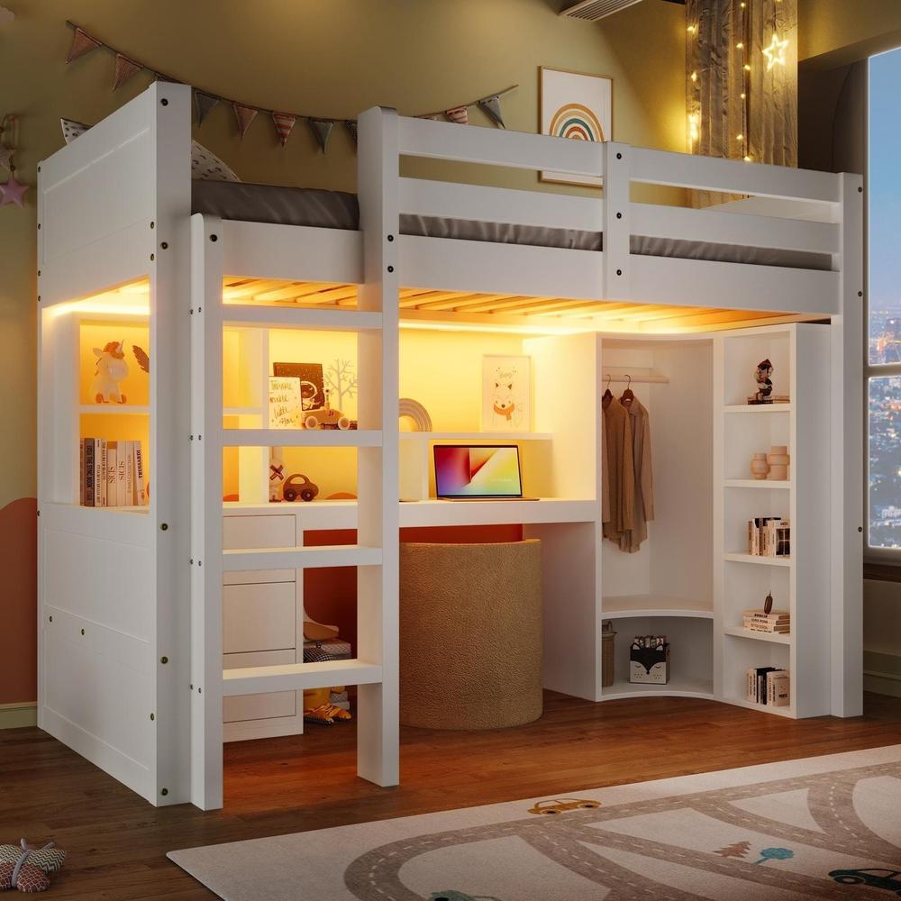 Cama alta 90x200 cm con LED, armario, escritorio y cajones, blanca