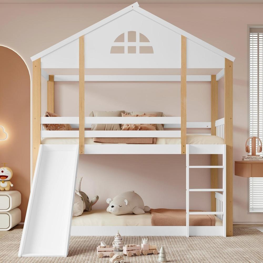 Litera cabaña infantil 90x200cm con tobogán y escalera, blanco natural