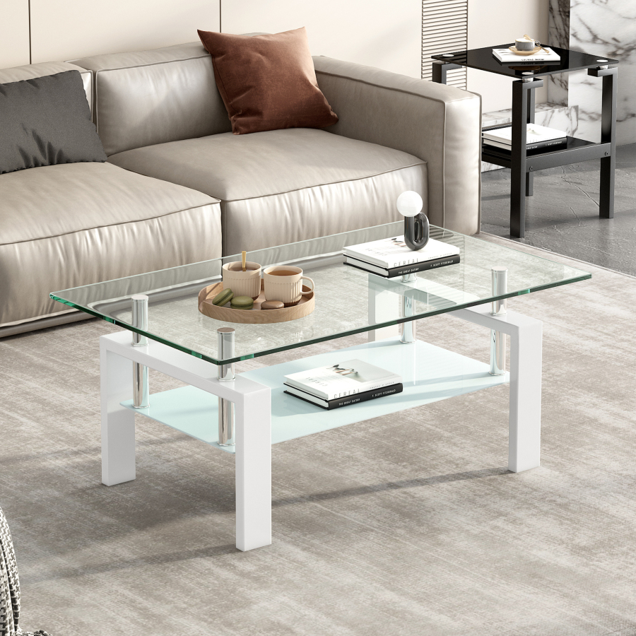 Mesa de centro para salón vidrio templado metal blanco 44x100x60cm