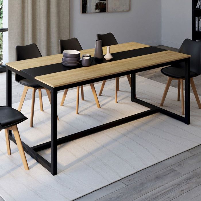 Mesa de comedor industrial de madera y metal negro - 180 cm