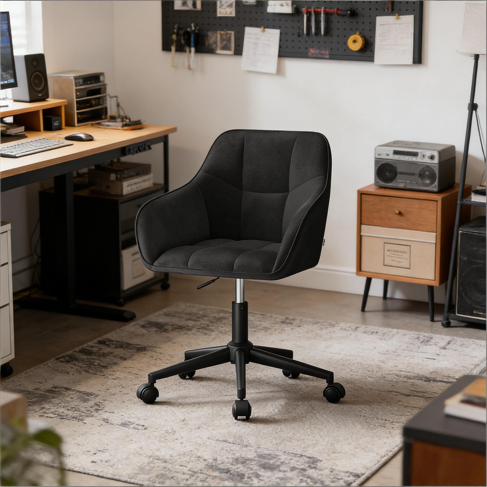 Silla oficina ergonómica terciopelo negro con ruedas