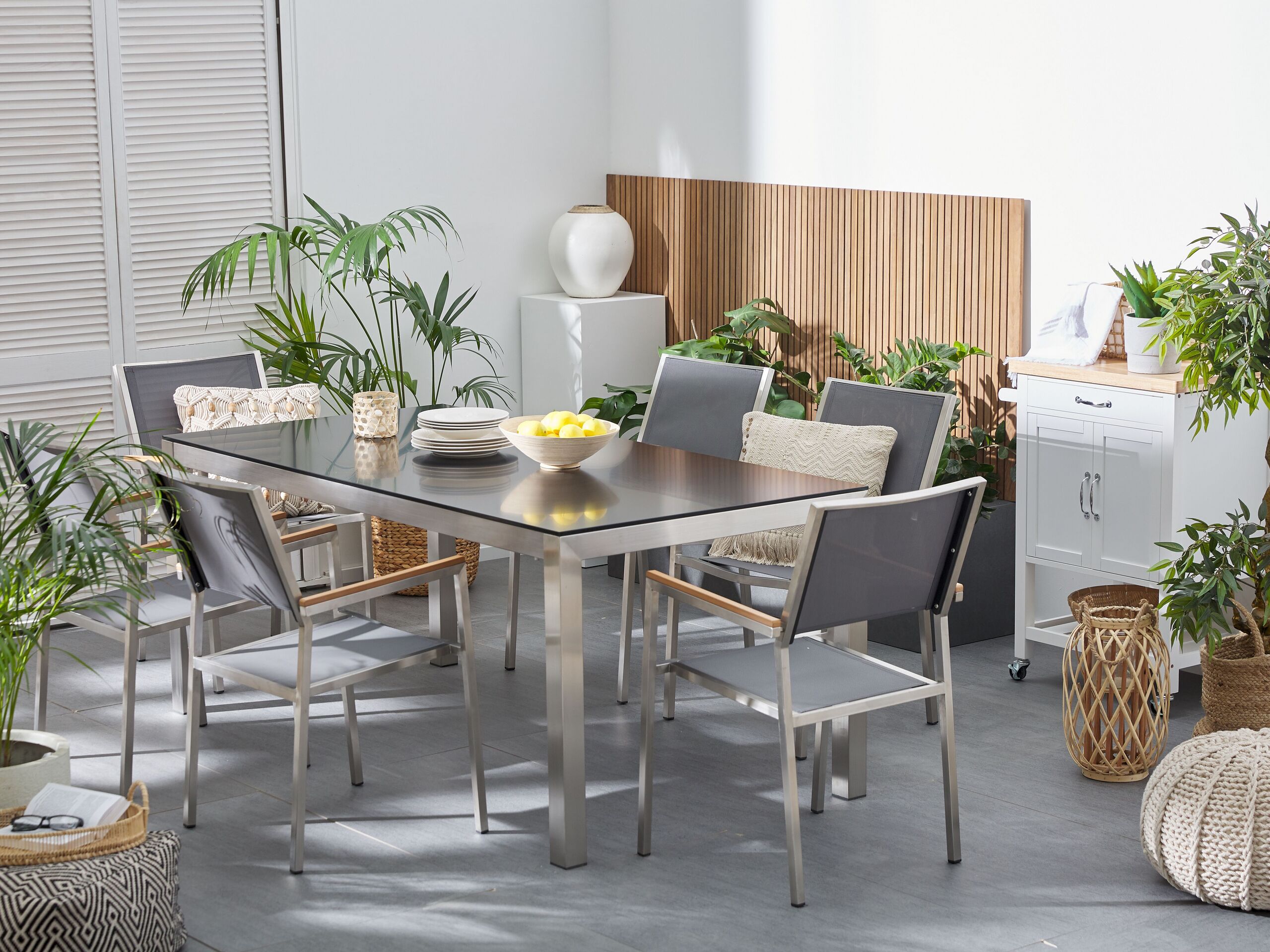 Conjunto de comedor exterior 6 plazas grosseto vidrio templado gris/negro