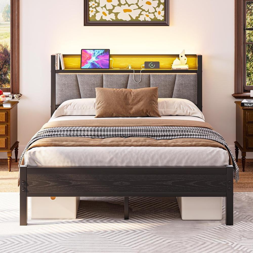Cama 140x190cm con cabecero usb LED silenciosa sin somier metal gris