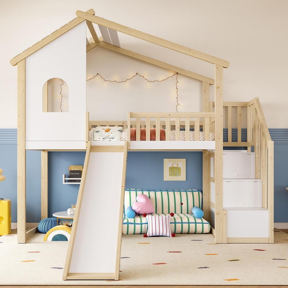 Cama alta 90x200cm con tobogán, escalera y almacenaje, blanco natural