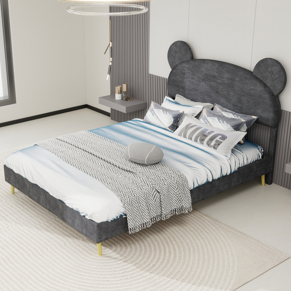 Cama tapizada 140x200 cm con almacenaje y cabecero con diseño tela – gris