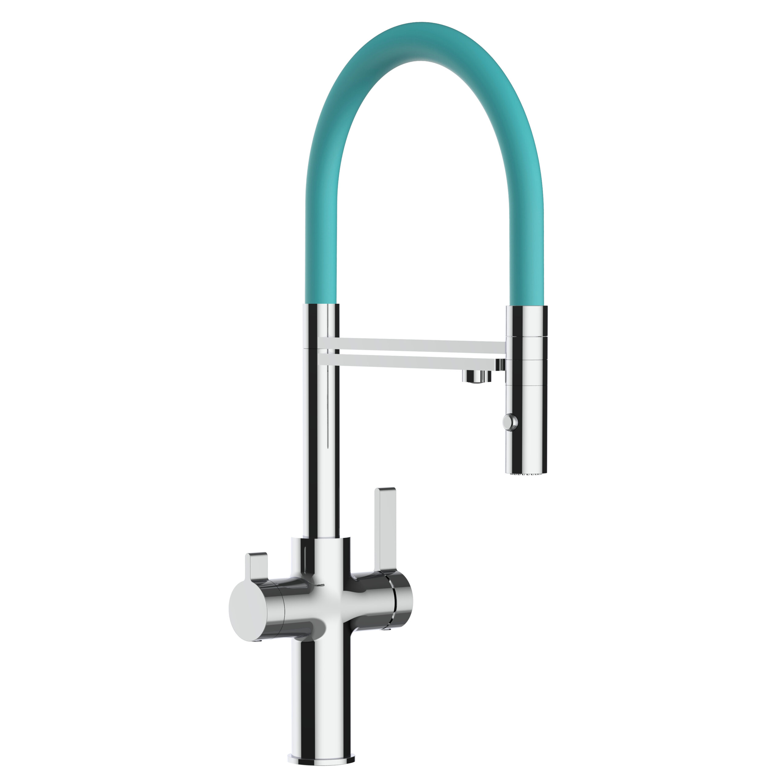 Grifo cocina 3 vías cromado FC caño turquesa flexible ducha 2chorros