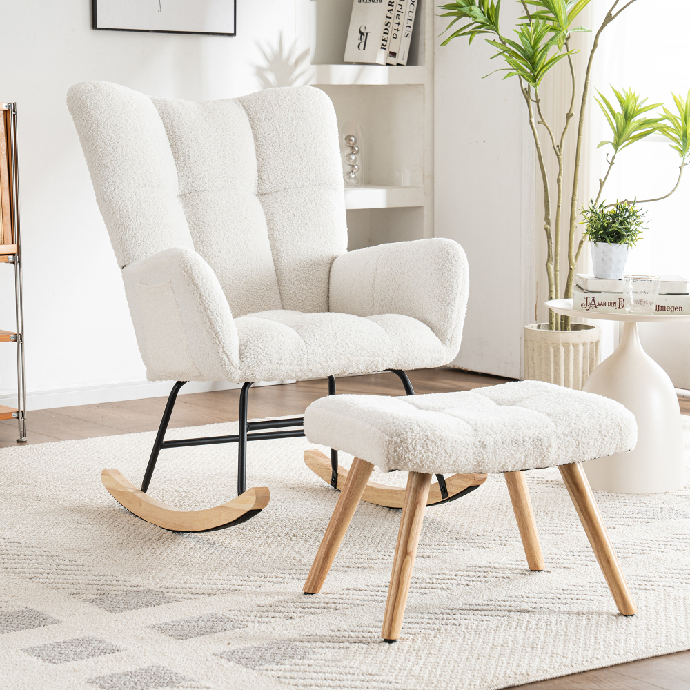 Sillón mecedor teddy blanco con reposapiés diseño ergonómico