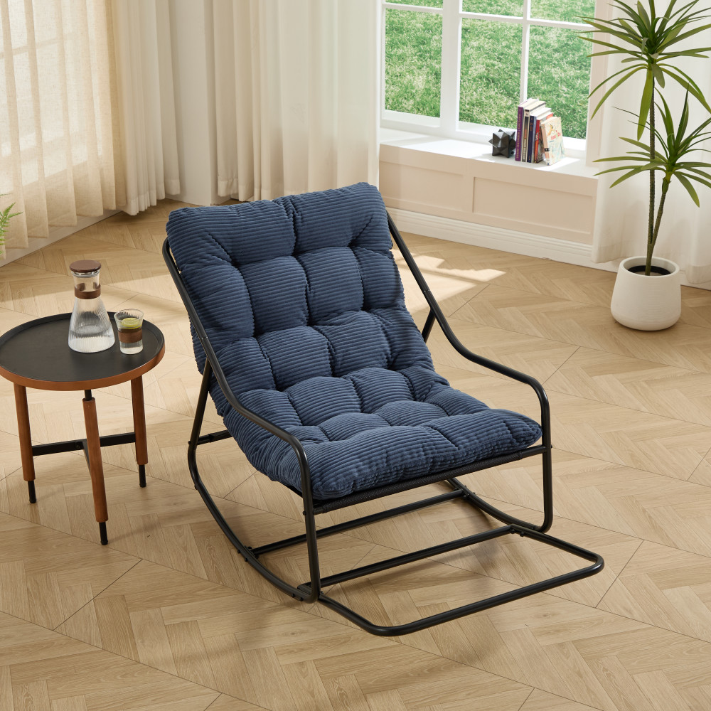 Sillón mecedor azul marino con reposapiés y cojín grueso