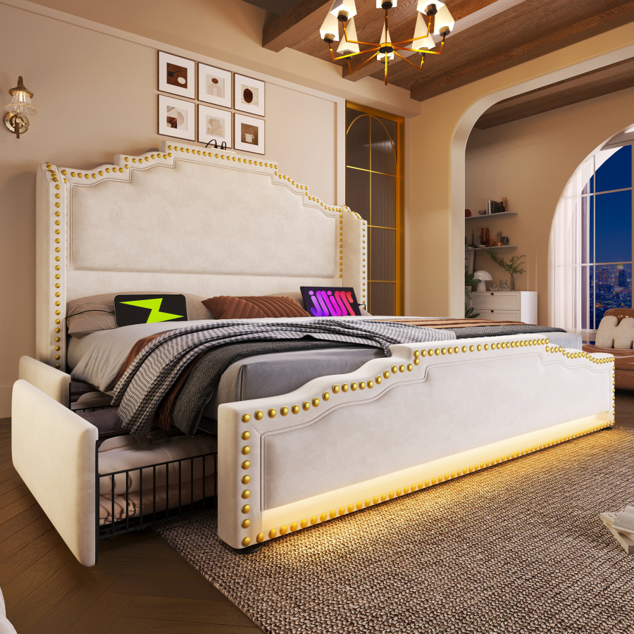 Cama tapizada 180x200 cm con 4 cajones LED y usb-c terciopelo – beige