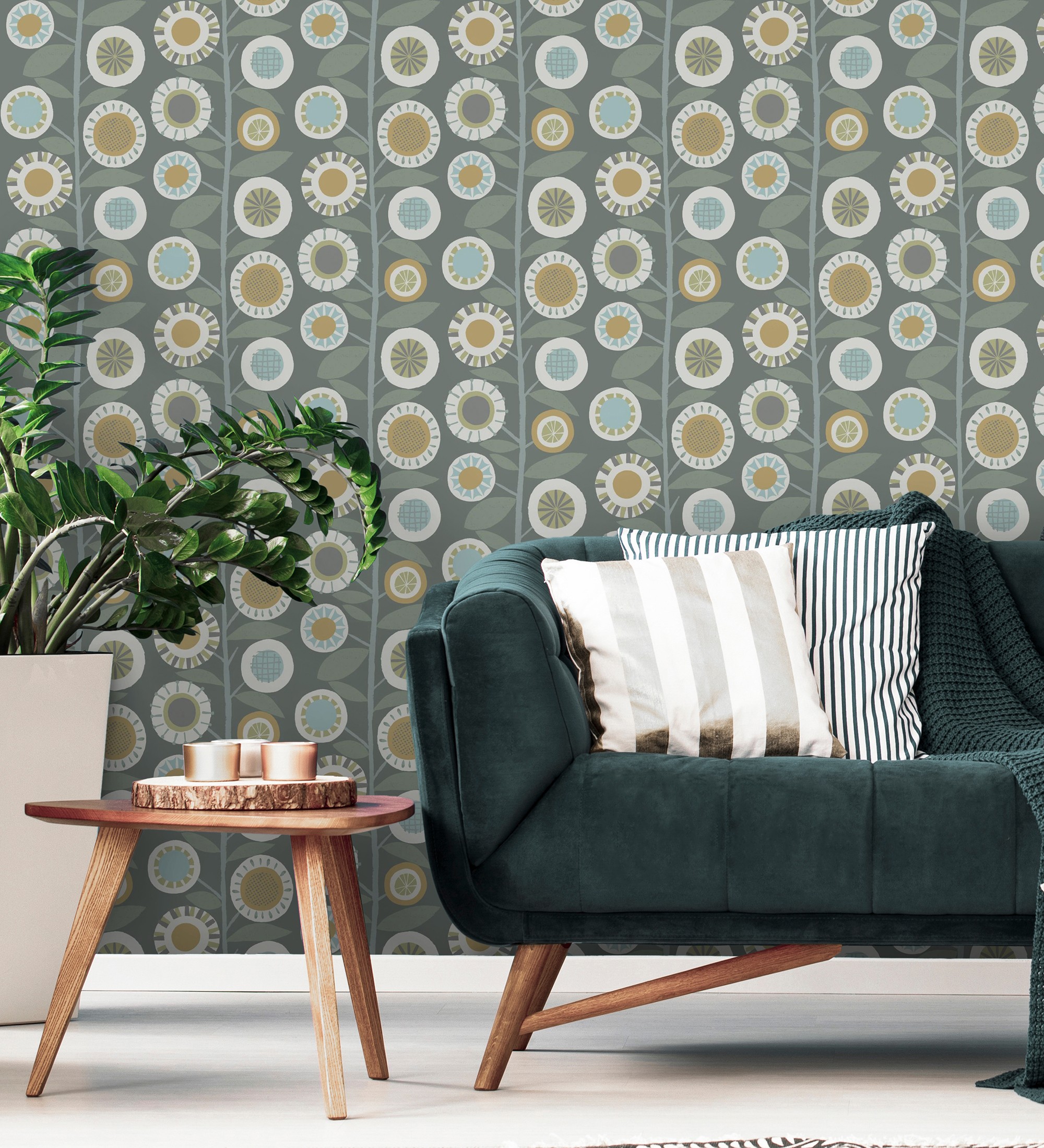 Papel pintado gaulan de flores mostaza y ramas con hojas estilo 5.23m²