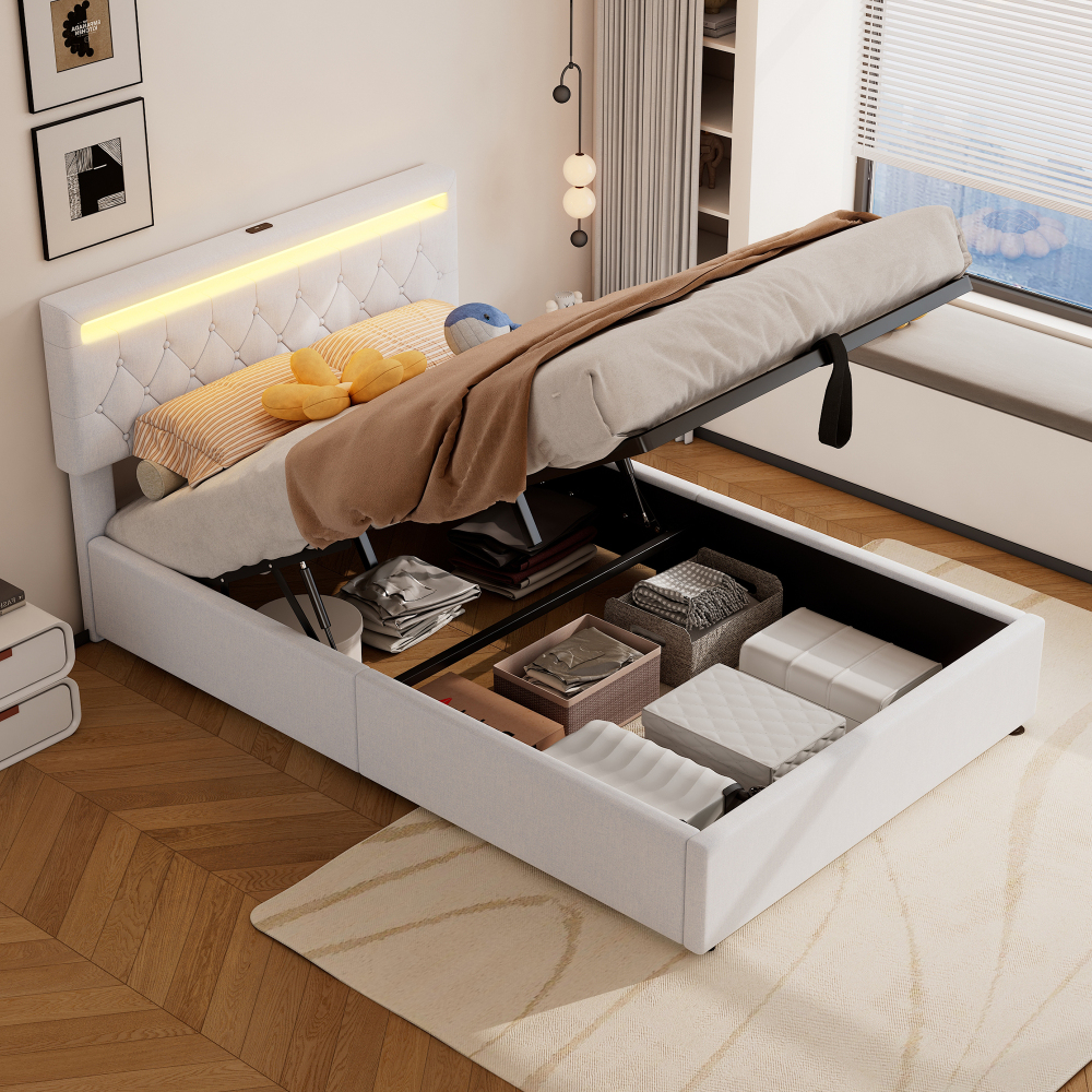 Cama tapizada 140x200 cm con LED, usb-c y canapé de lino – color blanco