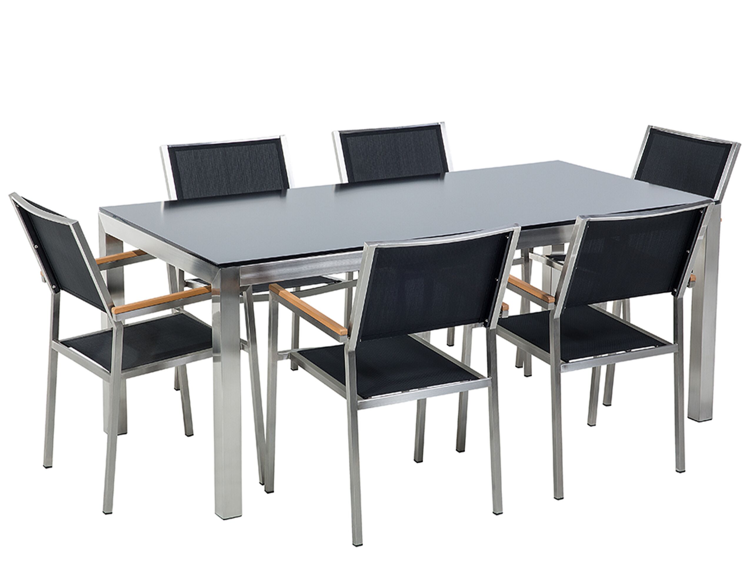 Conjunto de comedor exterior 6 plazas grosseto vidrio templado negro