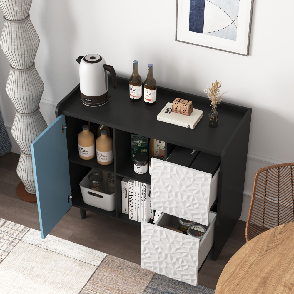 Aparador para cocina comedor 2 cajones 2 puertas negro azul 80x90x40cm