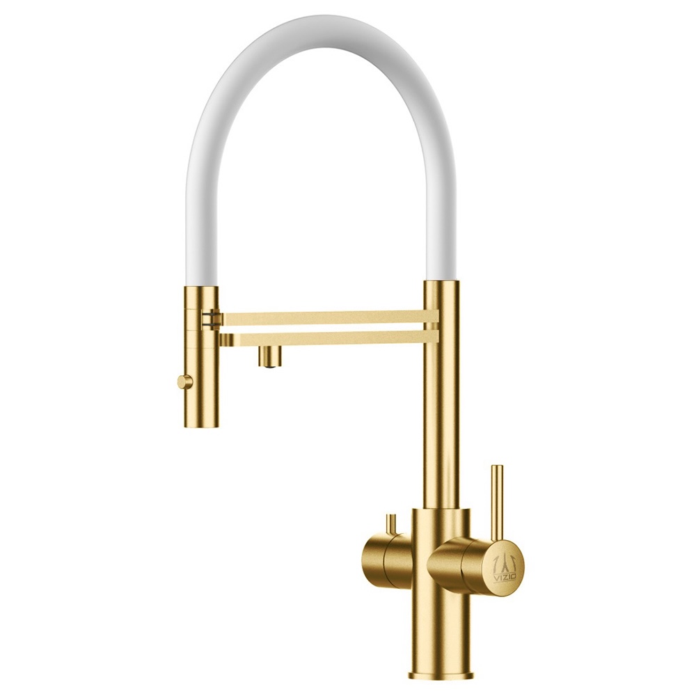Grifo de cocina 5 vías acero inox ducha 2 chorros, pvd oro satinado/blanco