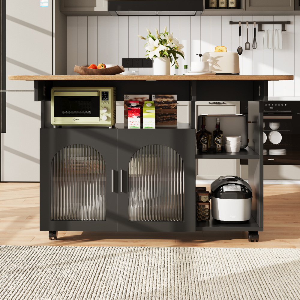 Isla de cocina con mesa abatible y ruedas negro y natural 79,5x120x30cm