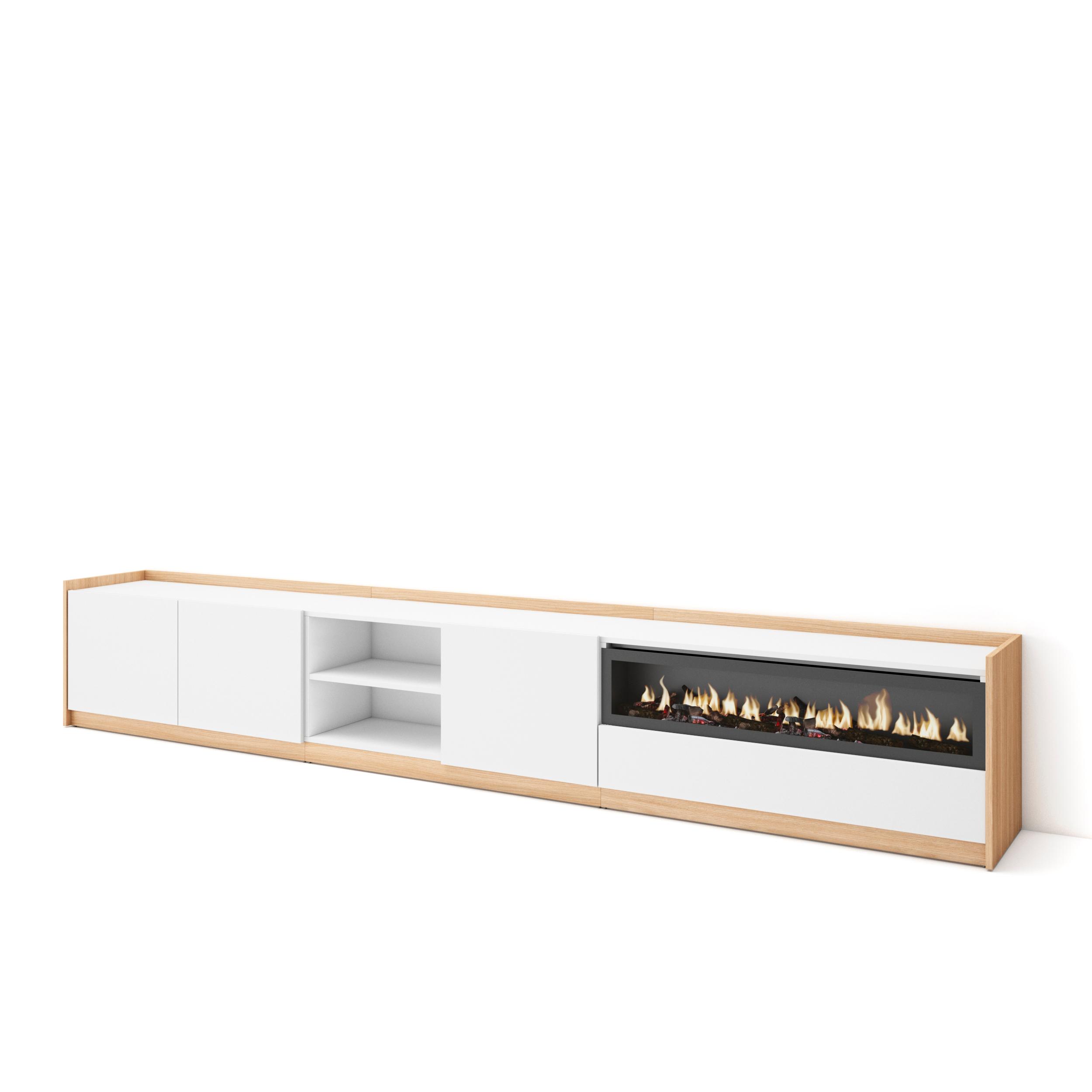 Mueble tv, 310x37x50cm, blanco y roble soft, chimenea eléctrica rf4331