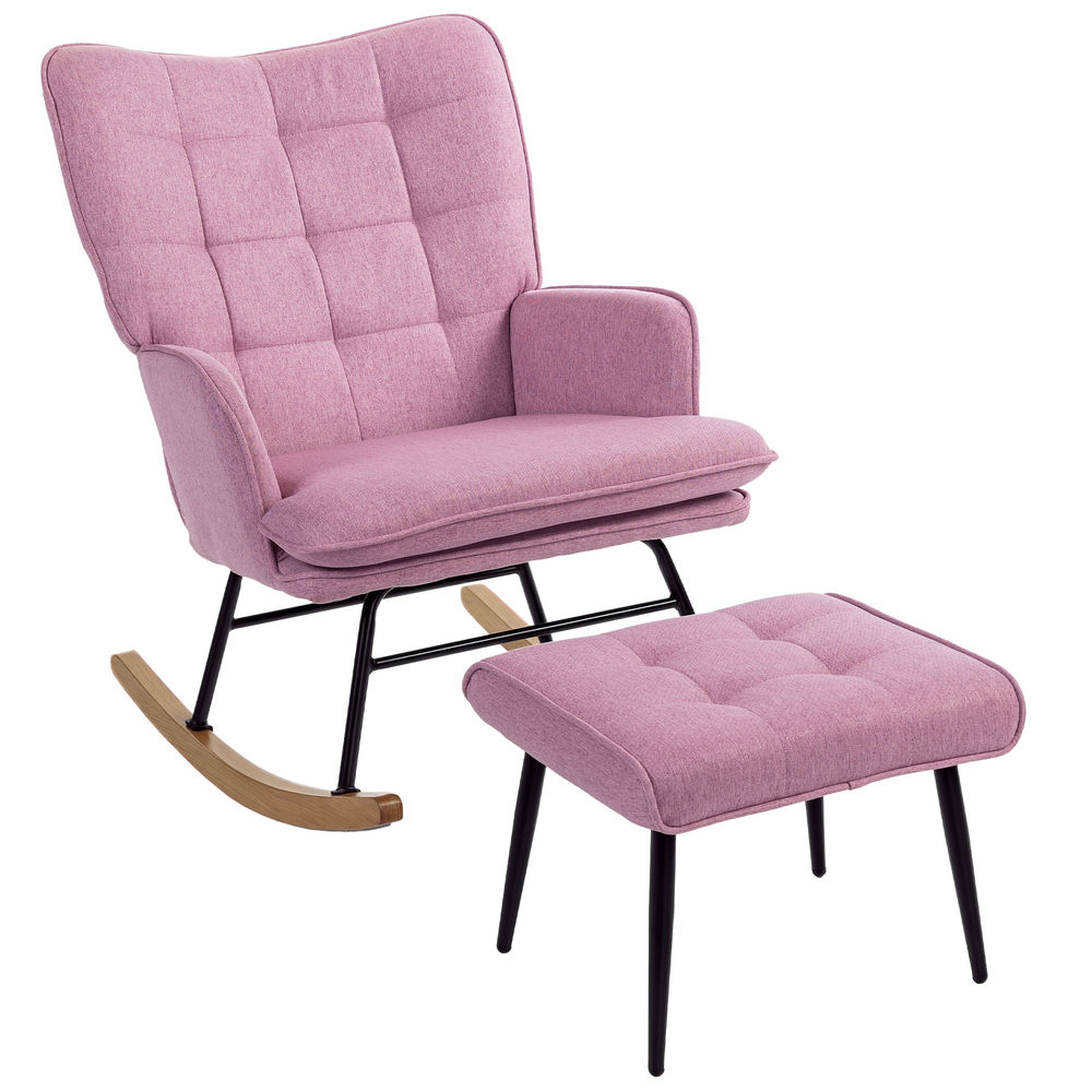 Silla mecedora 64x89x90 cm lino sintético, madera de haya color rosa Homcom